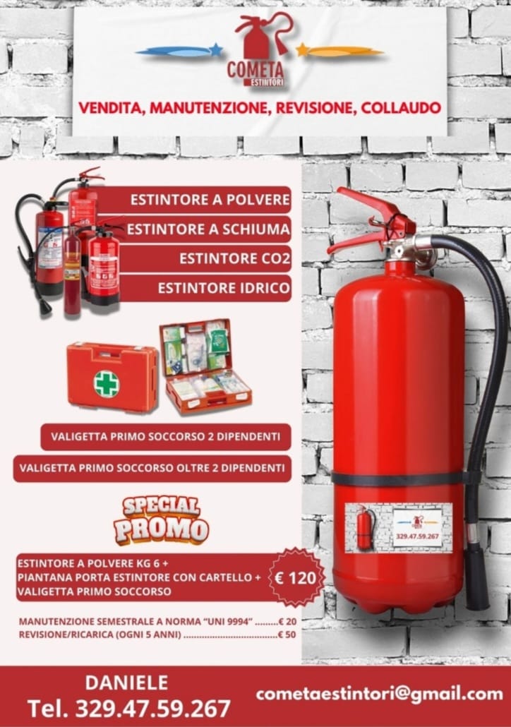 A flyer for Cometa Estintori showcasing fire extinguishers and first aid kits with service pricing for maintenance.