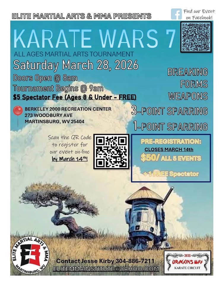 Poster for Karate Wars 7 martial arts tournament in Martinsburg, WV on March 28, 2026.