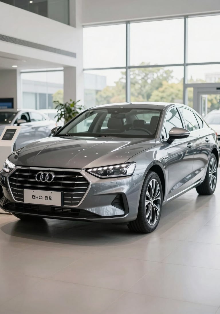 A clean, professionally detailed grey sedan in a bright, modern showroom, sharp focus, clean reflections