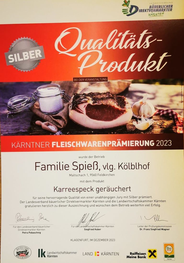 Kölblhof Karreespeck Silber bei den Fleischwarenprämierungen 2023