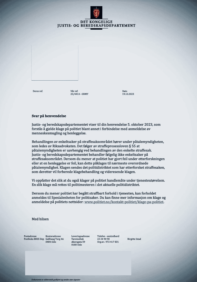 Document form The Norwegian Ministry of Justice, about Zainab Abdulkarim Ali in Oslo - Norway