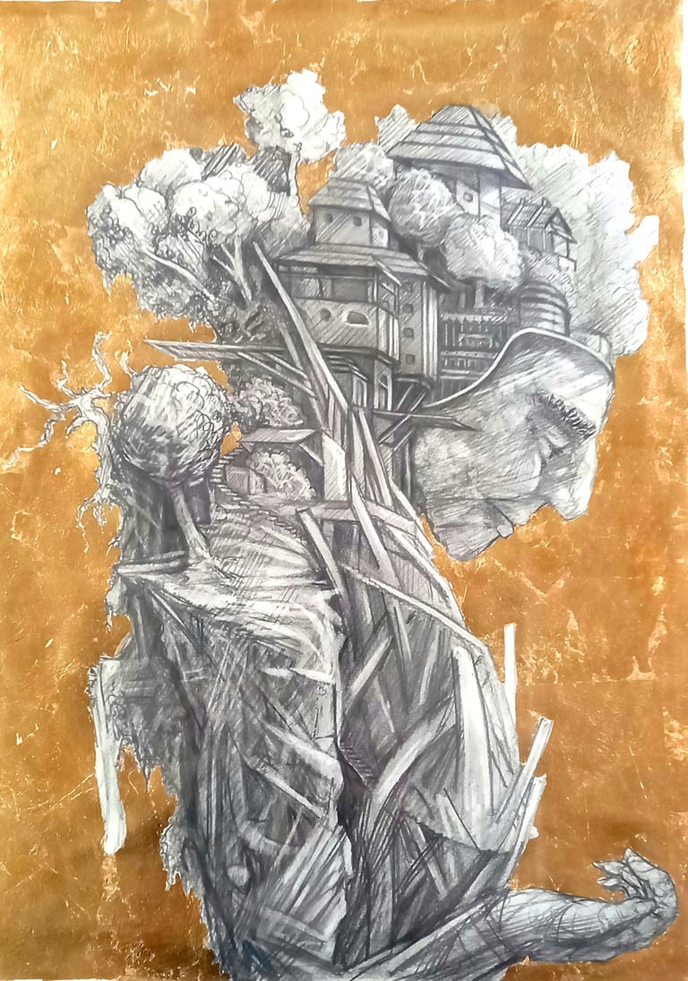 a drawing of a man with a tree in his hand