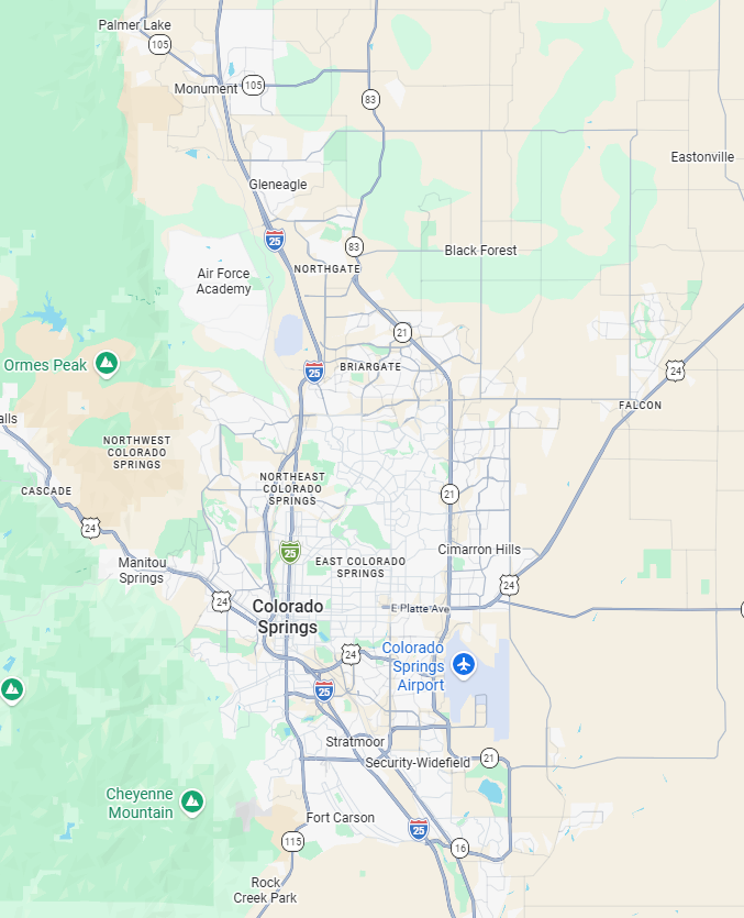 A google map of Colorado Springs and surrounding areas