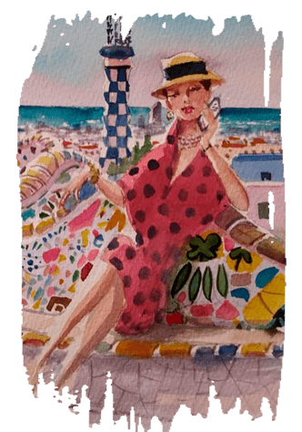 painting of a woman in a red dress and phone