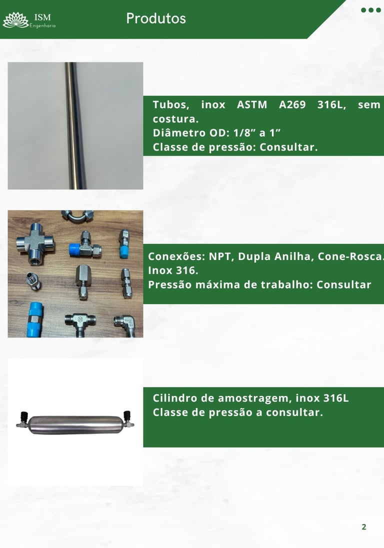 Tubo inox 316L, conexões NPT de dupla anilha e cilindro de amostragem industrial em aço inoxidável.