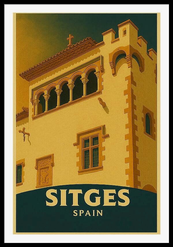 Sunny Spanish Architecture Vintage-styled Travel Poster of Sitges in Spain Maricel Palace framed pri