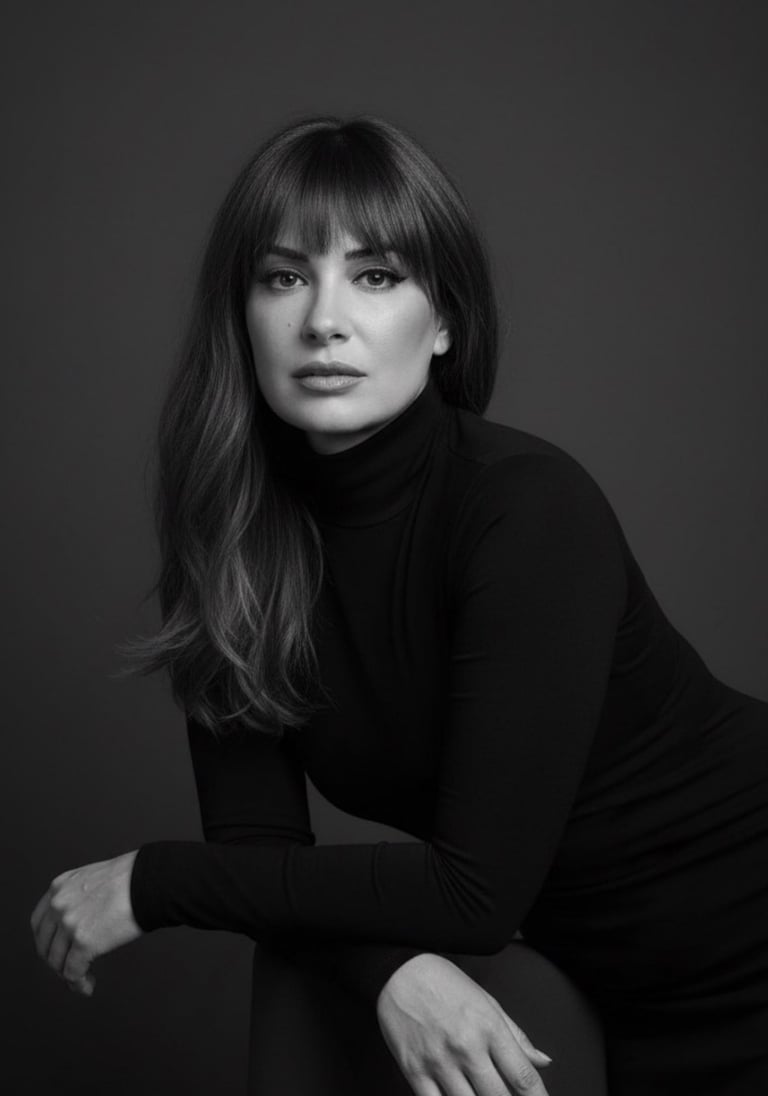 Black and white portrait of a woman with bangs wearing a black turtleneck sweater in a studio.