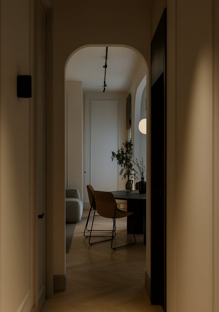 Couloir contemporain conçu par 1161 Studio à Alger, avec arches arrondies, éclairage linéaire suspen
