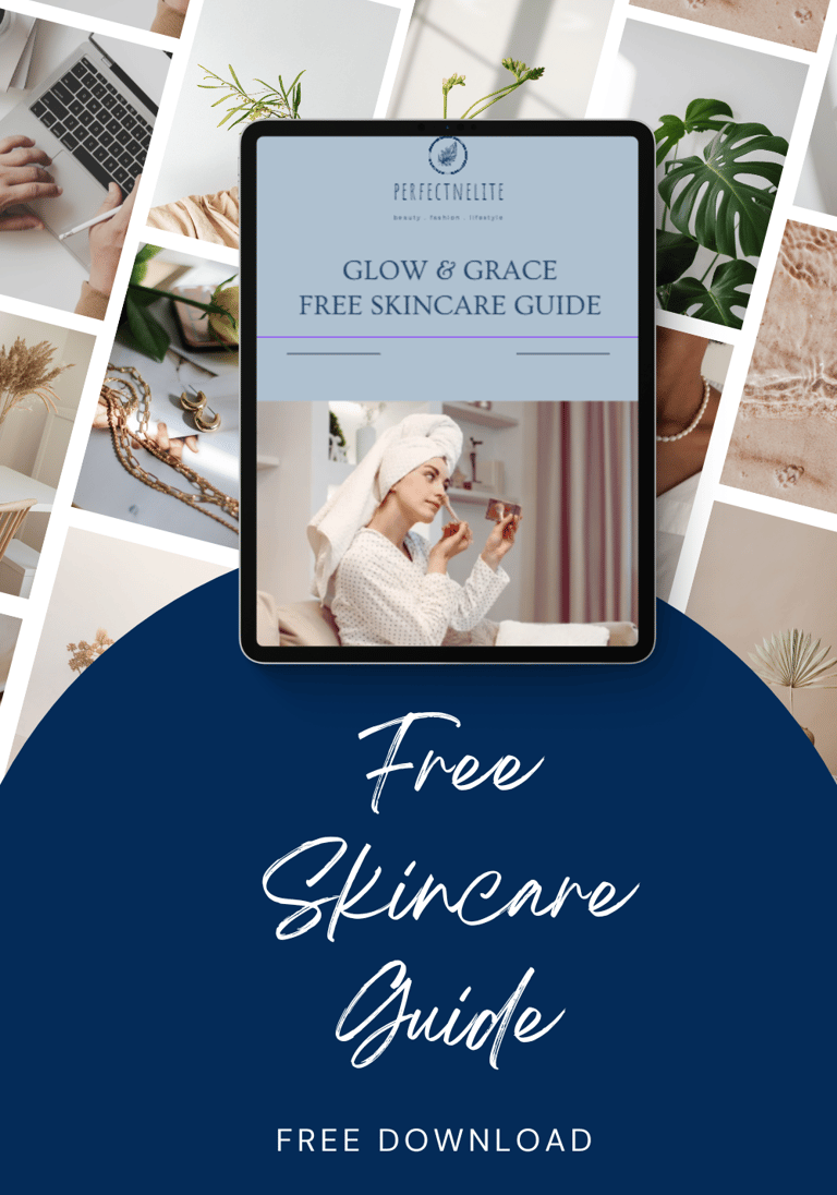 Digital tablet showing a Glow and Grace free skincare guide download with lifestyle flatlay photos.
