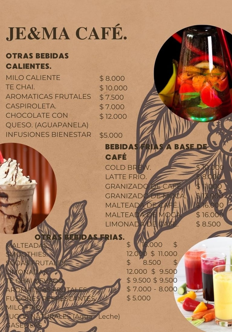 menu bebidas,cafe je&ma, circasia quindio
