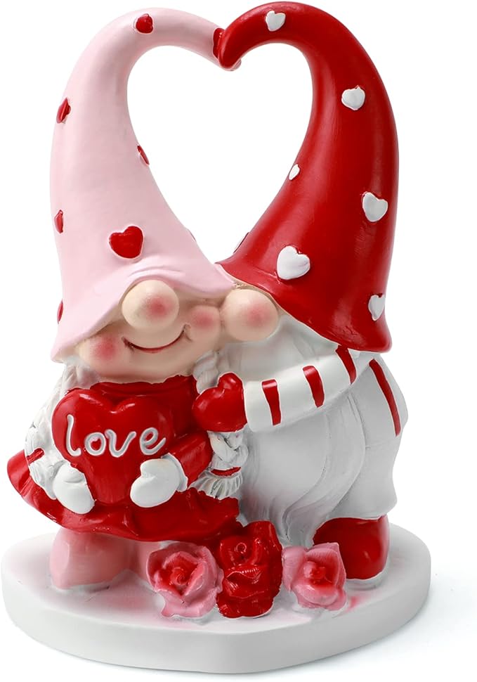 Handcrafted Valentine's Day gnome couple with vibrant red and pink colors, holding a heart