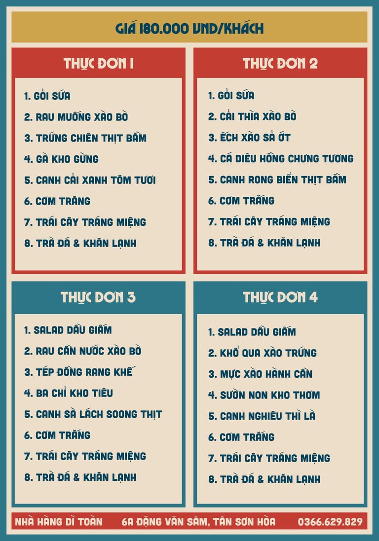 Thực đơn cơm đoàn tại nhà hàng Bếp Dì Toàn - Nhà hàng ngon gần sân bay Tân Sơn Nhất