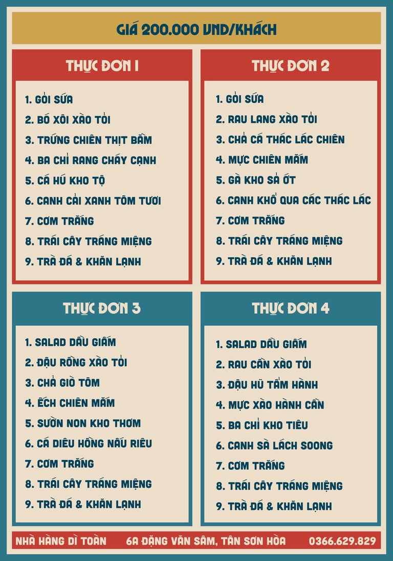 Thực đơn cơm đoàn tại nhà hàng Bếp Dì Toàn - Nhà hàng ngon gần sân bay Tân Sơn Nhất