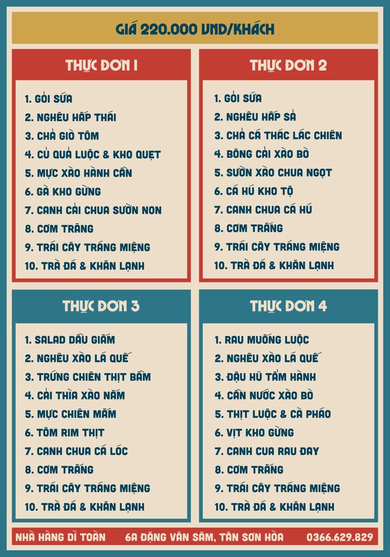 Thực đơn cơm đoàn tại nhà hàng Bếp Dì Toàn - Nhà hàng ngon gần sân bay Tân Sơn Nhất