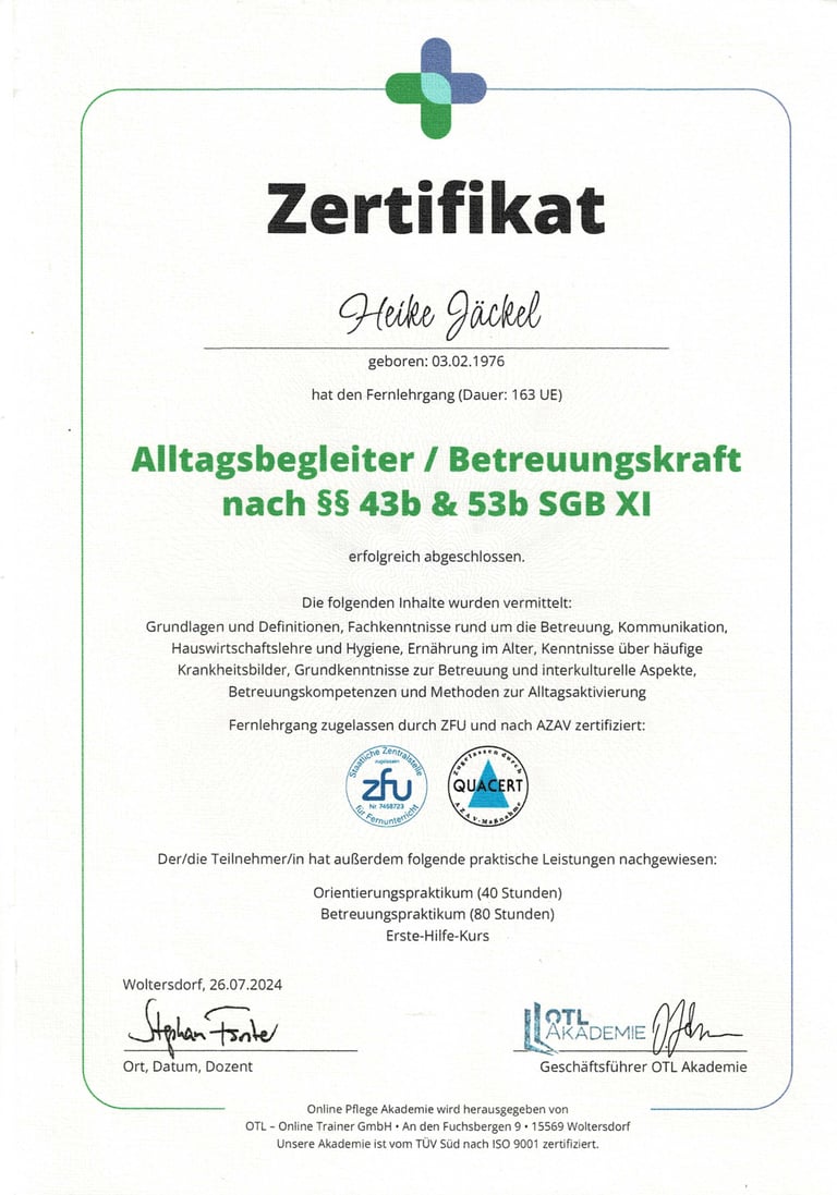a certificate for alltagsbegleiter and betreuungskraft nach §§ 43b & 53b SGB