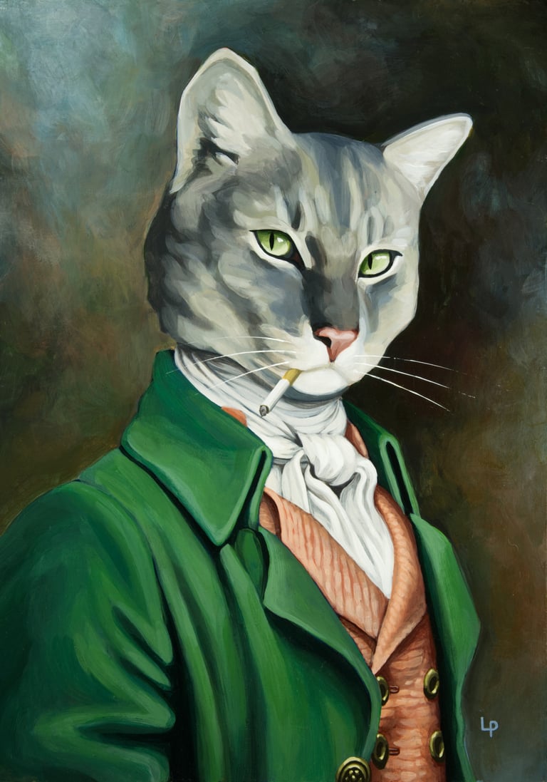 A gray tabby cat smokes a cigarette wearing a green jacket and peach waistcoat in the Regency style.
