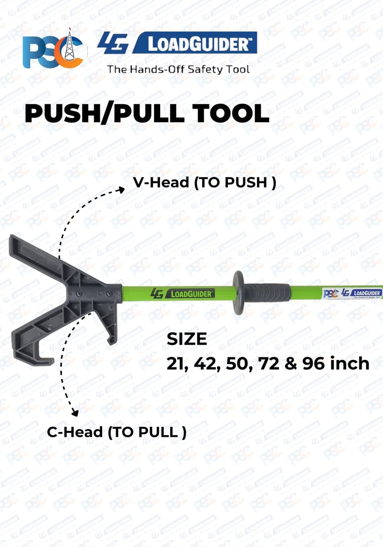 Hands-free lifting safety website design for PSC LoadGuider push pull stick with blue footer and cle