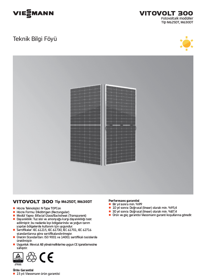Viessmann Vitovolt 300 yüksek verimli fotovoltaik panel teknik özellikler broşürü.