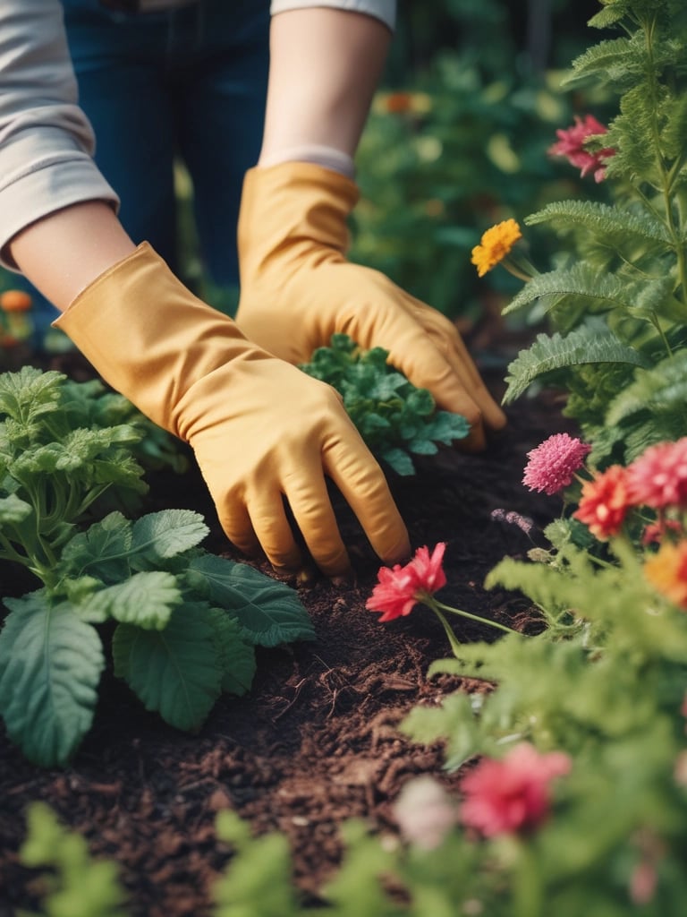 A person is tending to a garden, spreading organic material onto the soil between rows of young plants. The setting is a well-organized farm with various types of plants growing in parallel rows. A wheelbarrow filled with similar organic material is visible nearby.