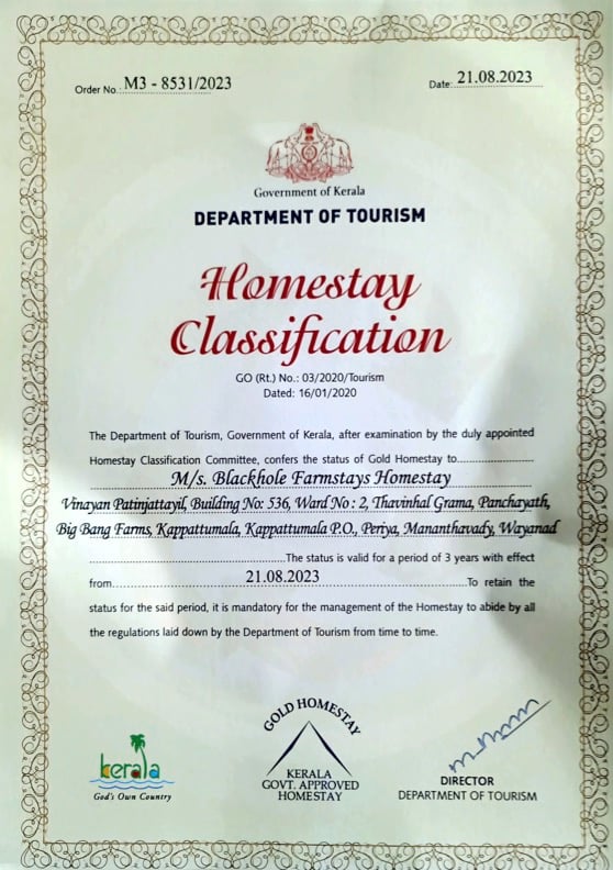 Kerala Goverment Gold Certificate of Aprroval for Homestay 