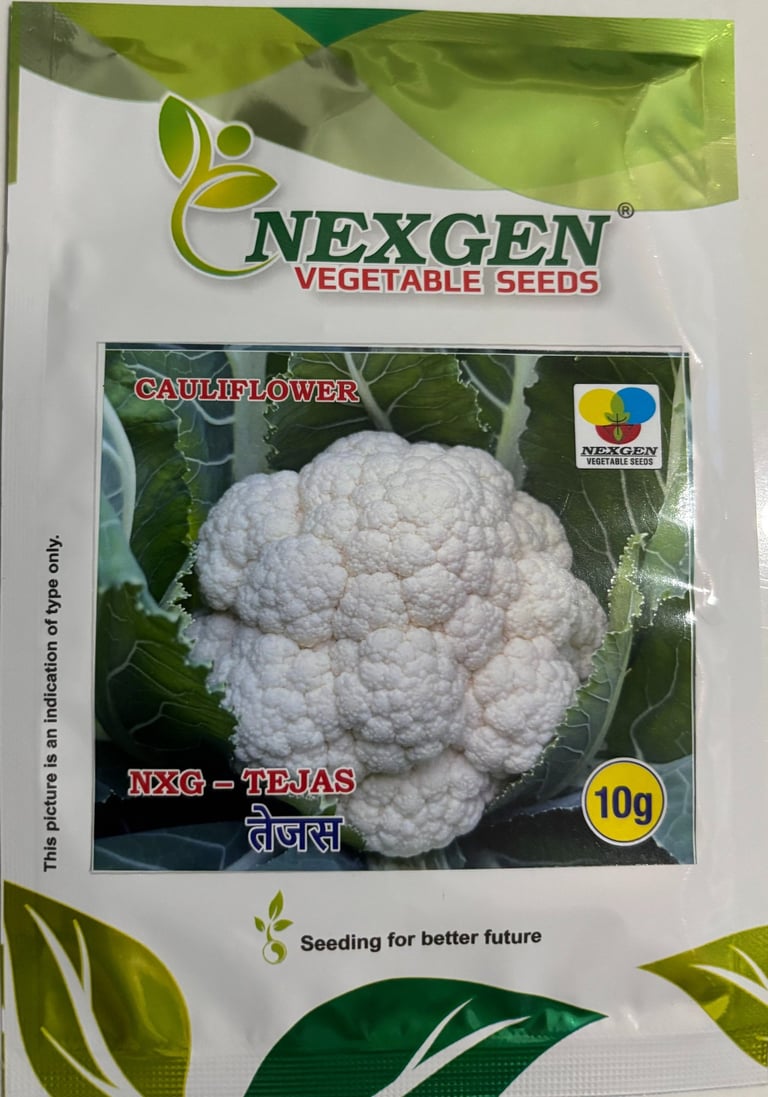 Nexgen vegetable seeds packet for NXG-Tejas cauliflower variety containing 10g of seeds for gardening.