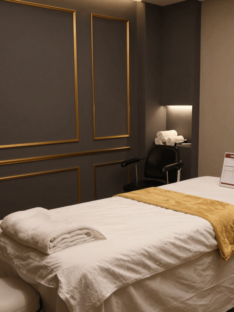 A serene treatment room softly lit, with a massage table prepared for a recovery session.