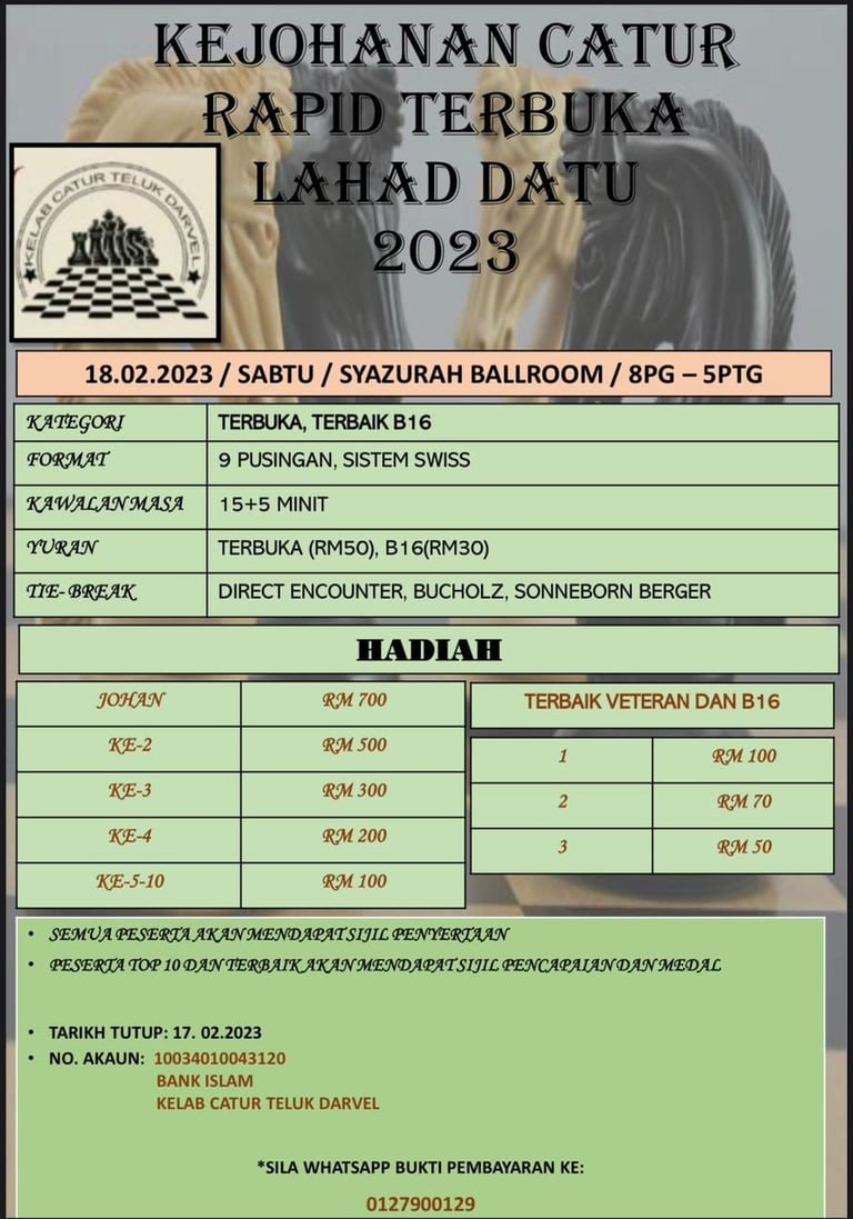 Kejohanan Catur Rapid Terbuka Lahad Datu 2023. Pertandigan Catur Malaysia 2023