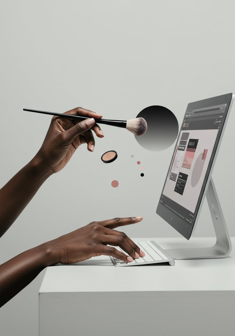 conceptual photo of a person using a desktop computer holding a makeup brush in hand