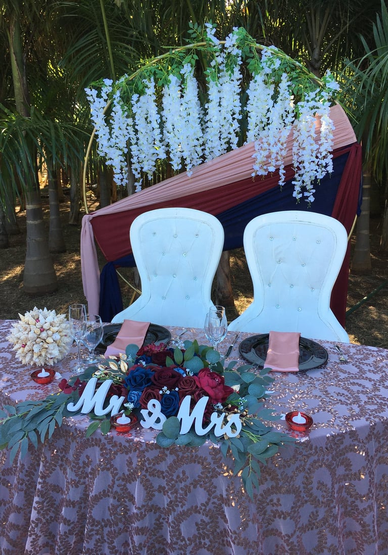a table with a table cloth and chairs
