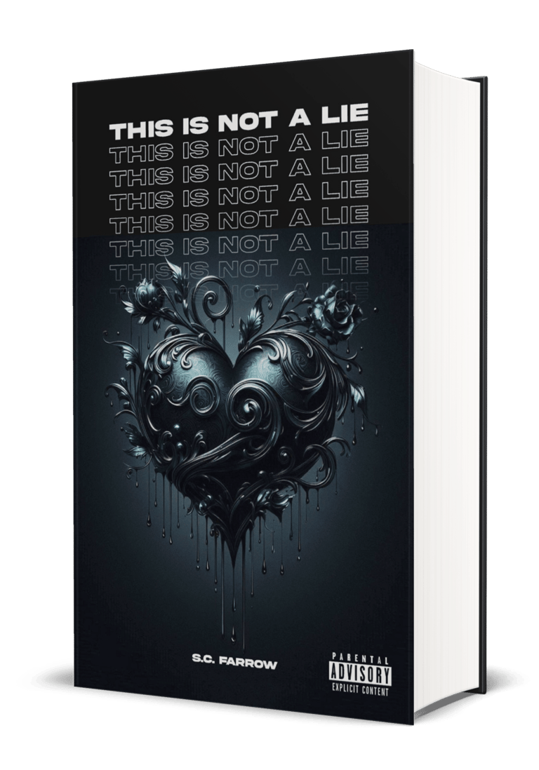 A black book cover featuring a black romantic heart embellished with swirls and rosebuds