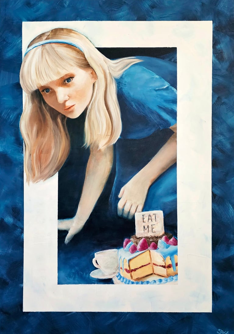 a painting of alice in wonderland with a cake an a sign on it reading "eat me"