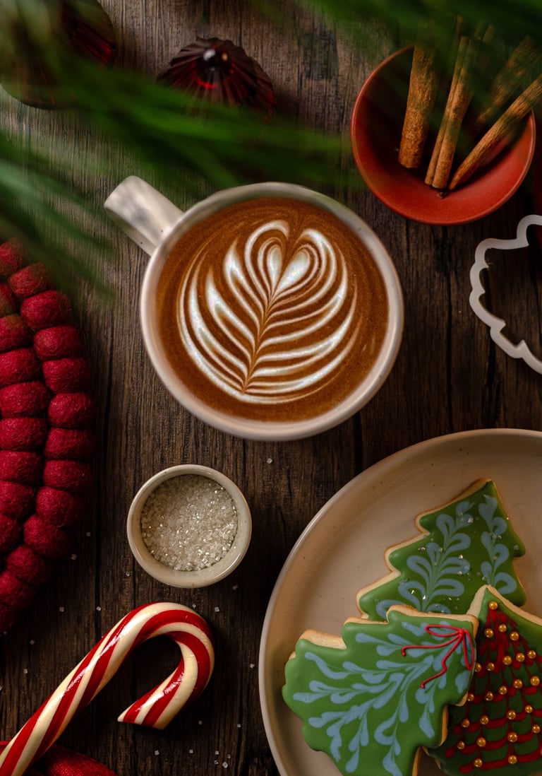 a cup of coffee and cookies on a table