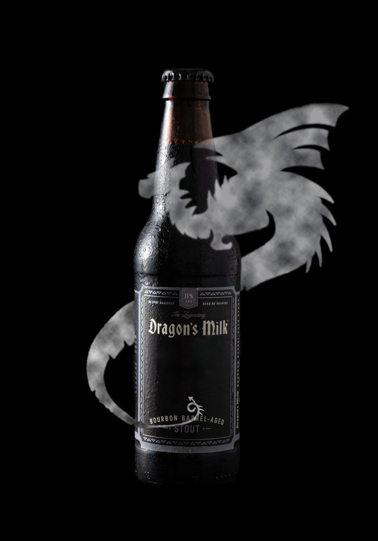 Dragon's Milk from New Holland Brewing Co with the logo coming out and surrounding the bottle