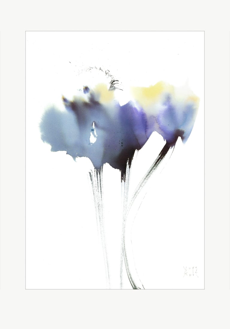 Watercolor art was created in the artist's Yuge Kurt studio. One-of-a-kind Artwork. Abstract flowers