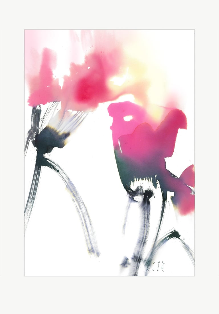 Watercolor art was created in the artist's Yuge Kurt studio. One-of-a-kind Artwork. Red flowers