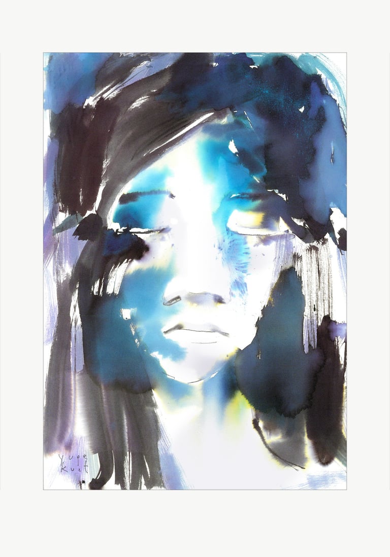 Watercolor art was created in the artist's Yuge Kurt studio. One-of-a-kind Artwork. Blue meditation