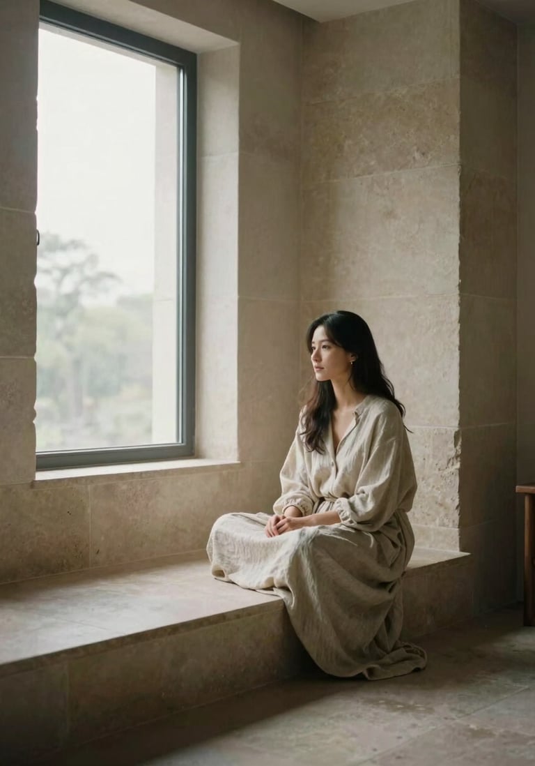 Wide calm interior room, a woman seated in stillness near a low window, soft diffused morning light, her face in quiet focused presence, warm stone and linen tones, unposed and undirected
