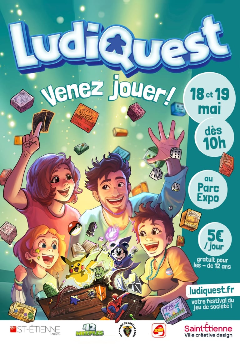 affiche cartoon ludiquest festival de jeu de société saint etienne