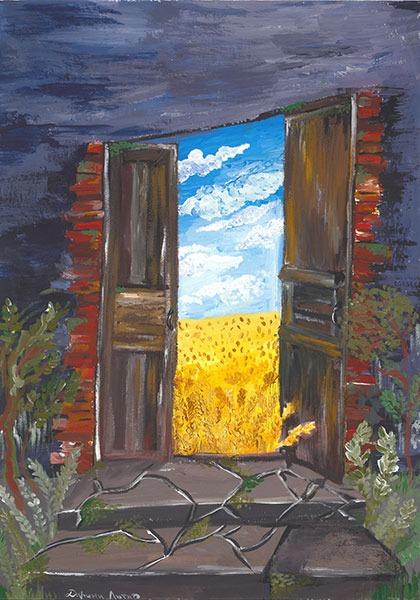 painting with a open doors showing a blue sky and ripe wheat, the flag of Ukraine