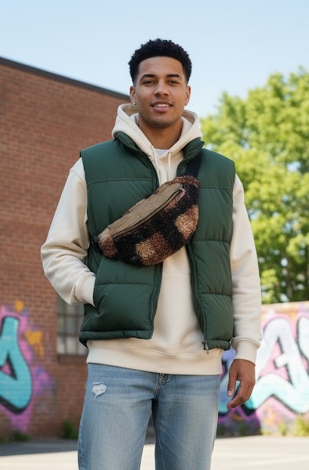 Jeune homme portant un sac banane texturé à motif camouflage.