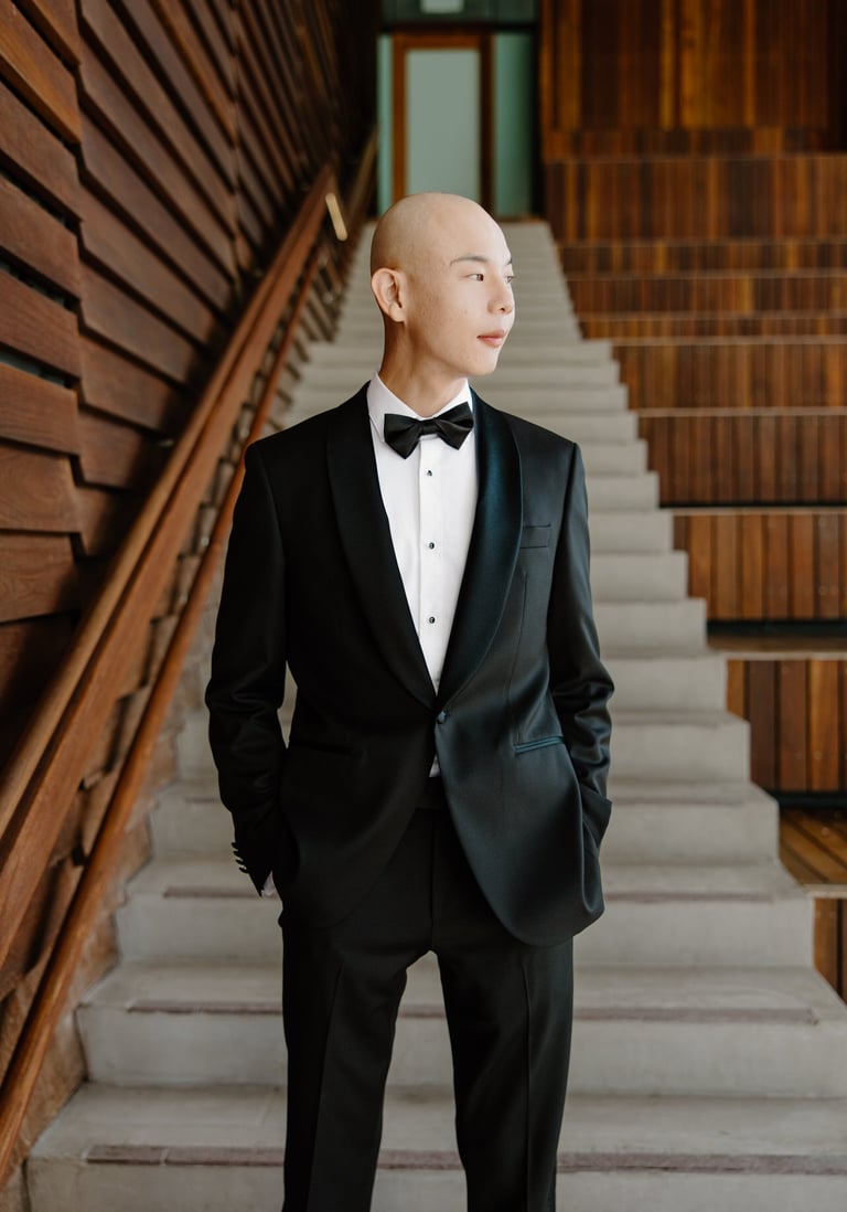 a man in a tuxedo suit and bow tie on his wedding day
