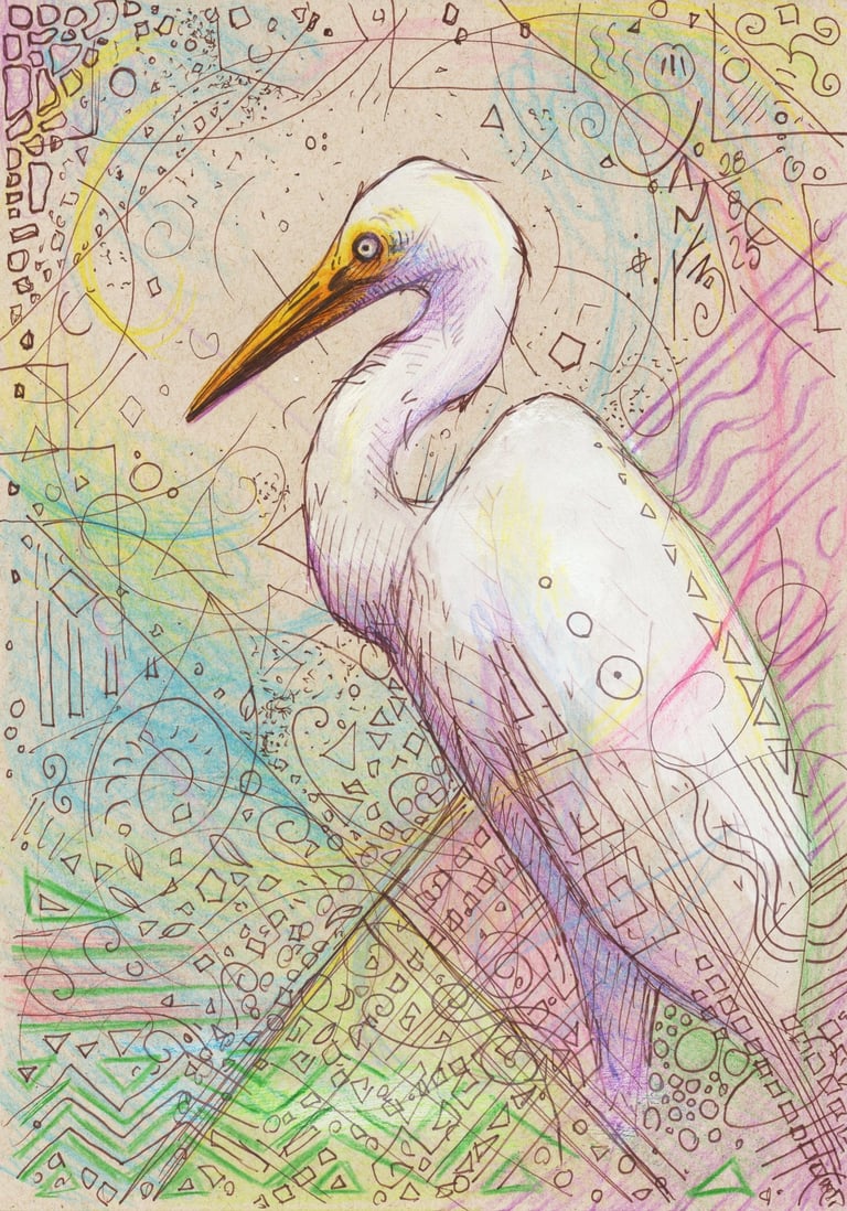 Garça psicodélica desenhada em 2025, rascunho em papel reciclado.