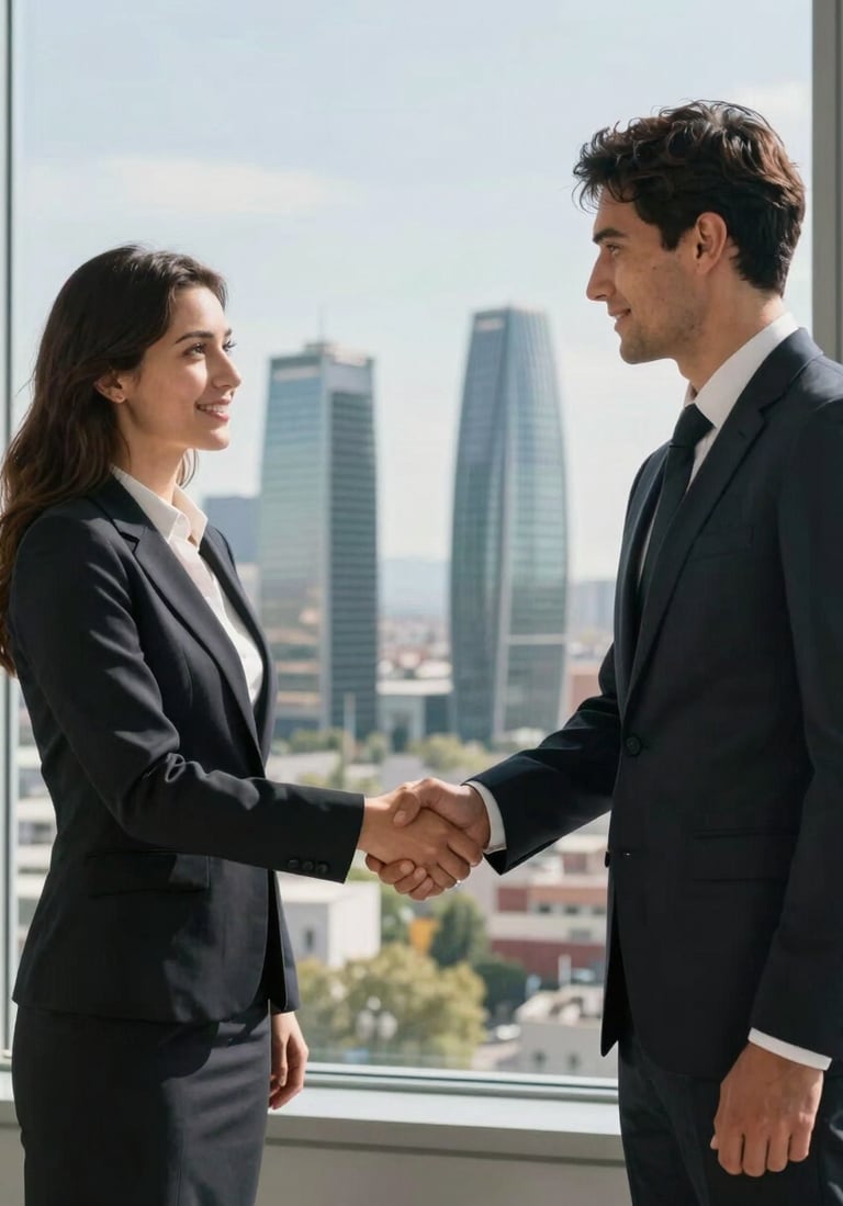 A businessman and a businesswoman in professional attire shaking hands in front of a window overlooking the Four Towers Business Area in Madrid, Spain.