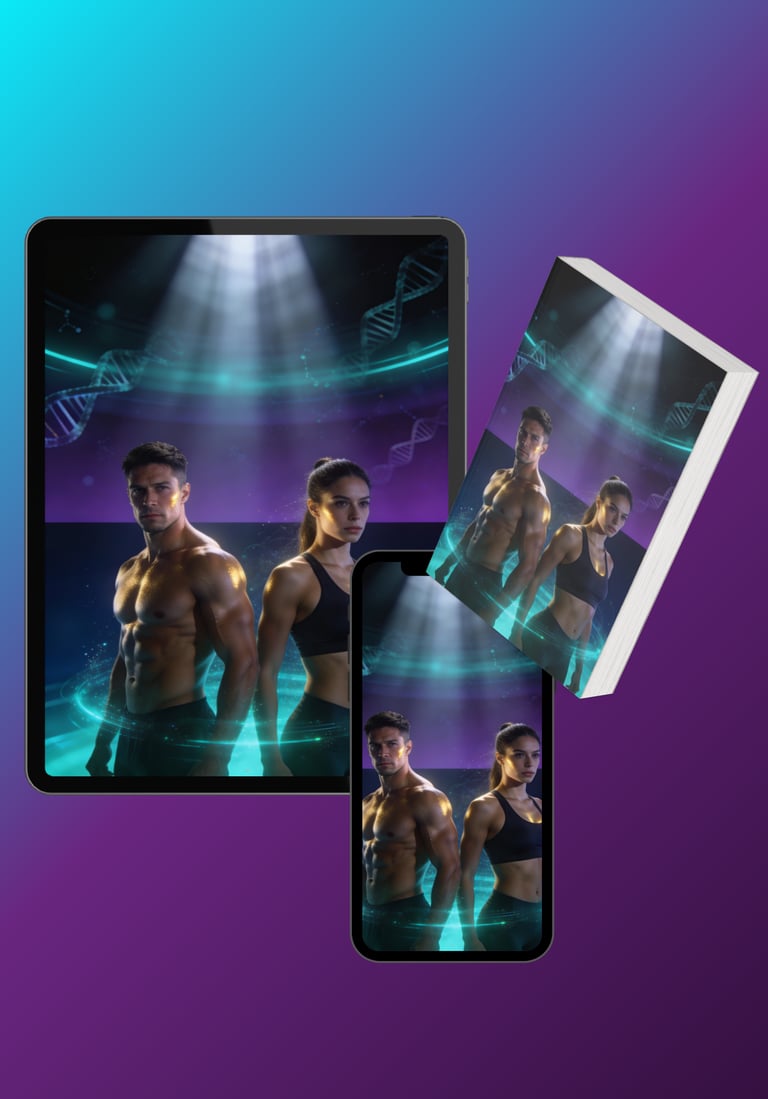Digital fitness program displayed on a tablet, smartphone, and ebook featuring a fit man and woman.