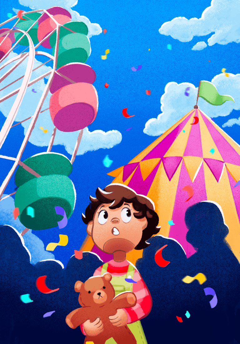 cartoon girl holding a teddy bear in front of a ferris wheel