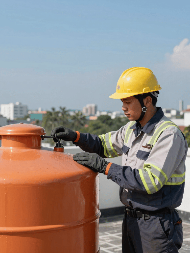 A professional technician wearing a neat uniform and safety gear, inspecting an orange water tank on a rooftop garden, sunny day, clear blue sky, Southeast Asian / Indonesian urban landscape in the background.