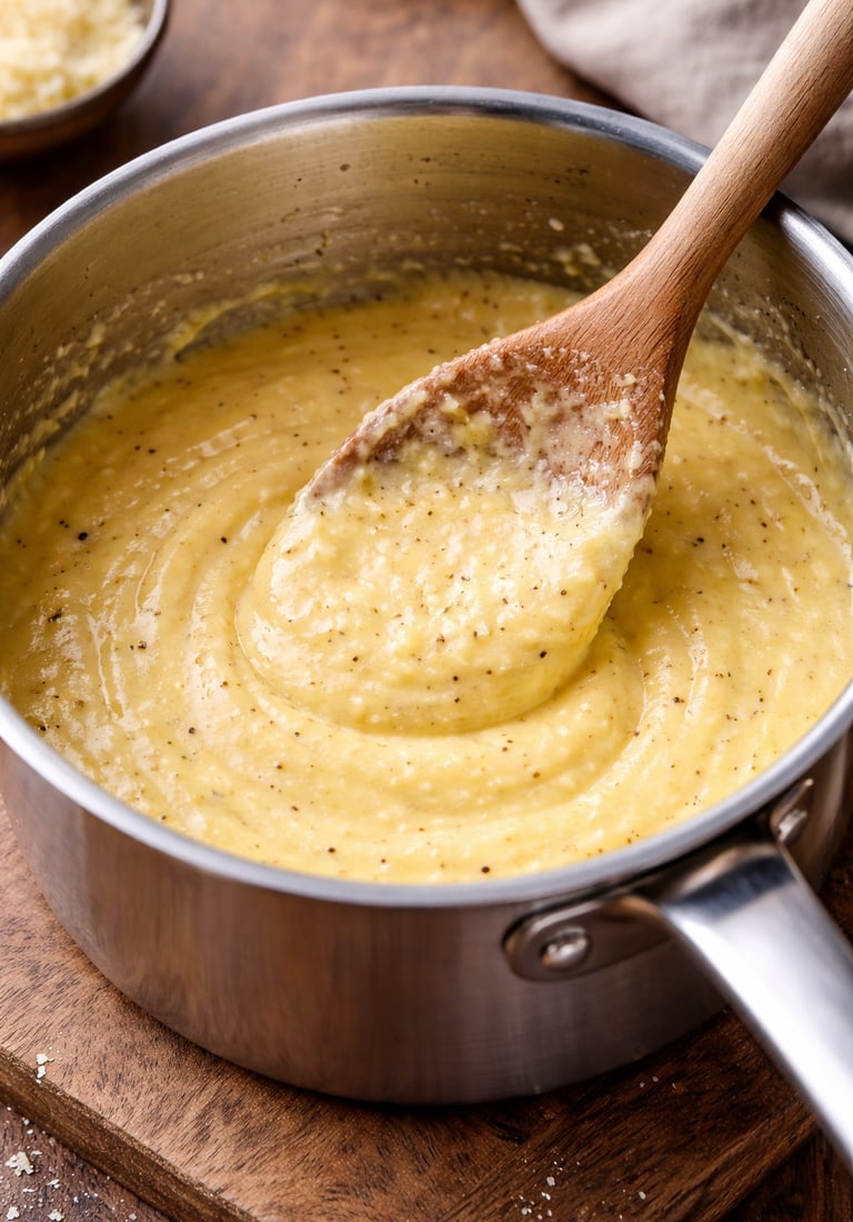 Creamy yellow grits being stirred with a wooden spoon in a stainless steel saucepan.