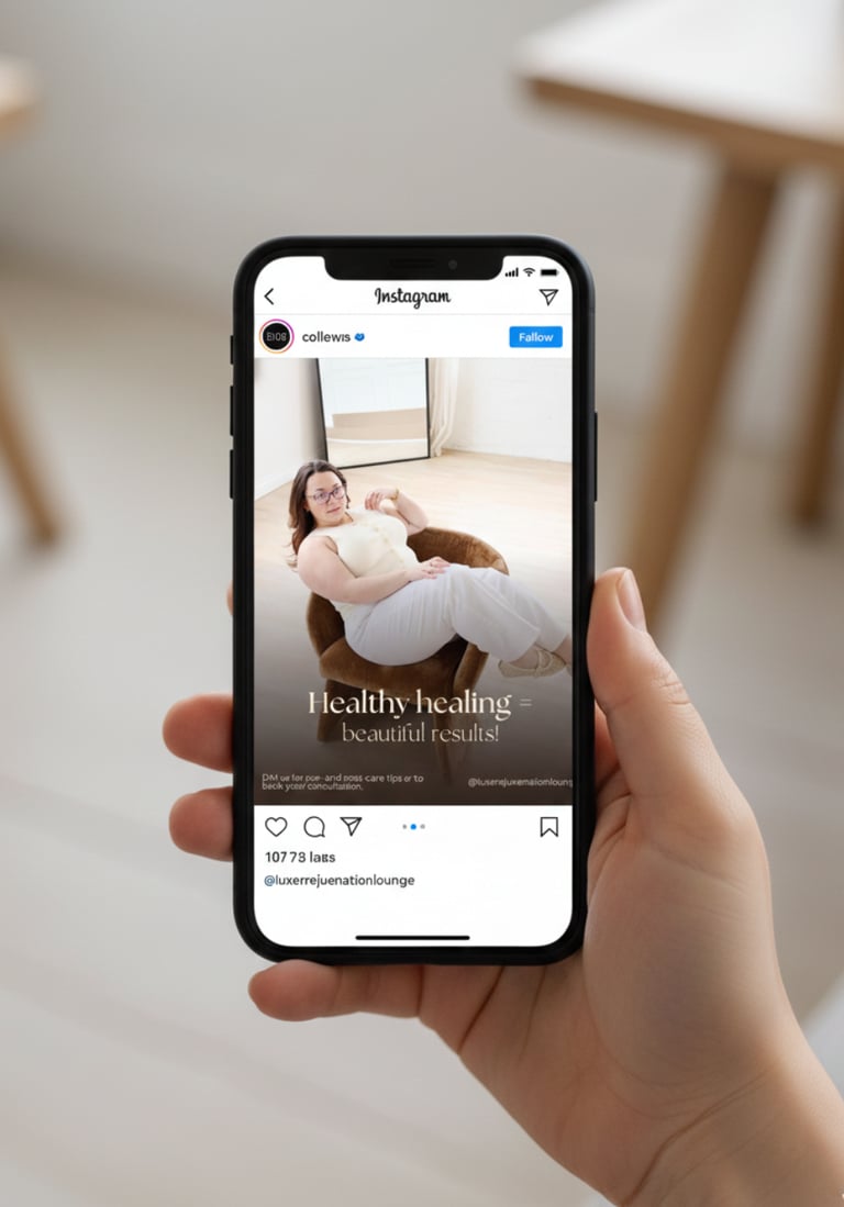 Hand holding a smartphone showing a healthy healing skincare post on Instagram.