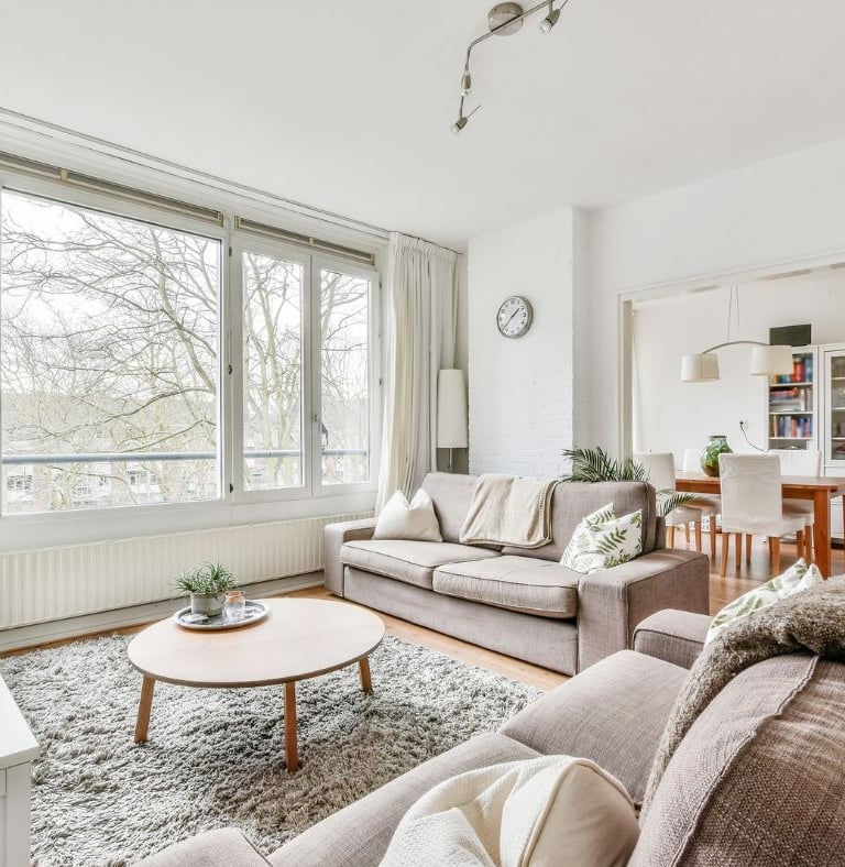 Living room that has been cleaned with a vacuumed rug and dusted