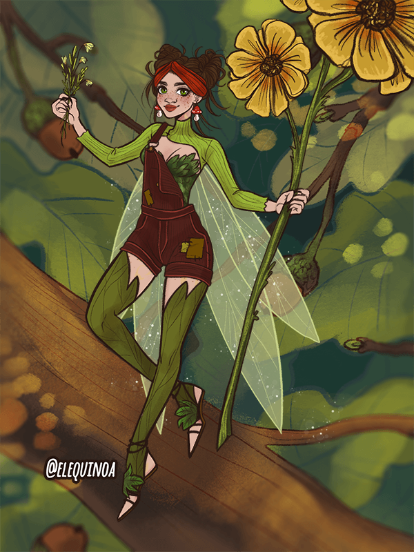 A screenshot of a dress up game featuring a gorgeous fairy in overalls and knee high leaf boots